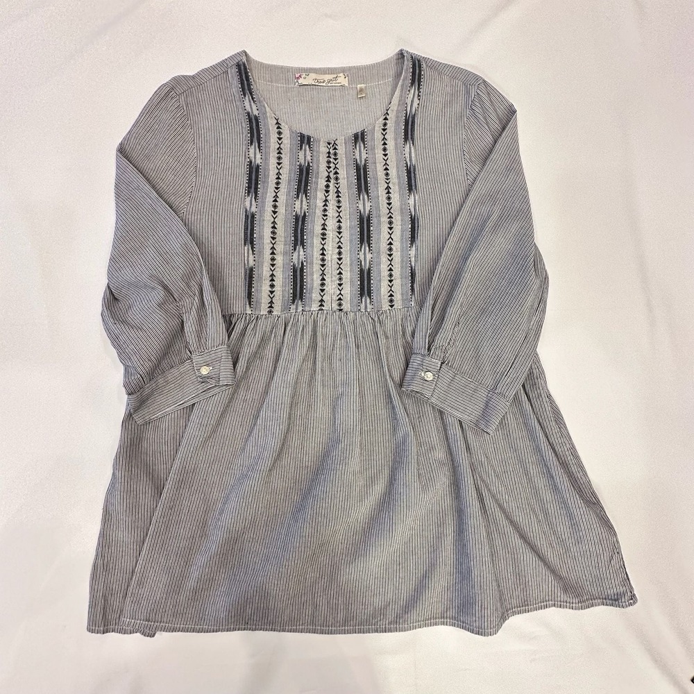 True Grit Navy White Striped Embroidered Babydoll Tunic Top Womens Small